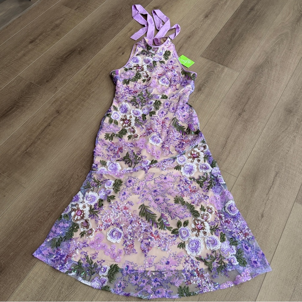 Sam Edelman Lavender Floral Lace Sequin High Neck Dress Small Formal Cocktail - Picture 10 of 16